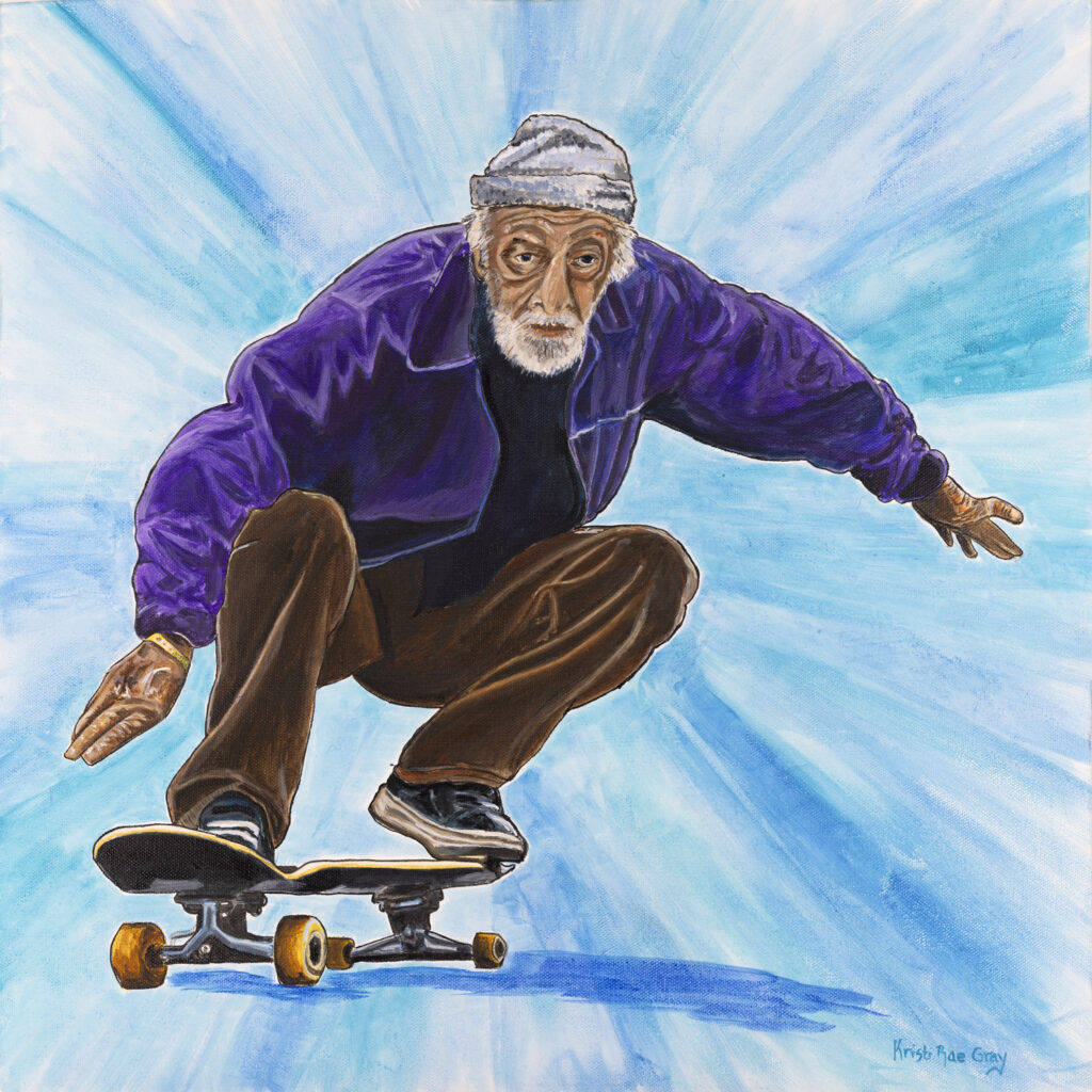 Days of Splendor, acrylic painting by Kristi Gray of an older man skateboarding in a purple jacket against a bright blue sky