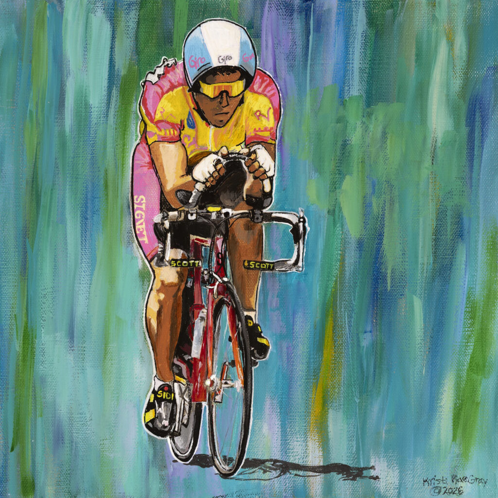 Intensity, acrylic painting by Kristi Gray of a teenage rider in 1989 riding with total focus