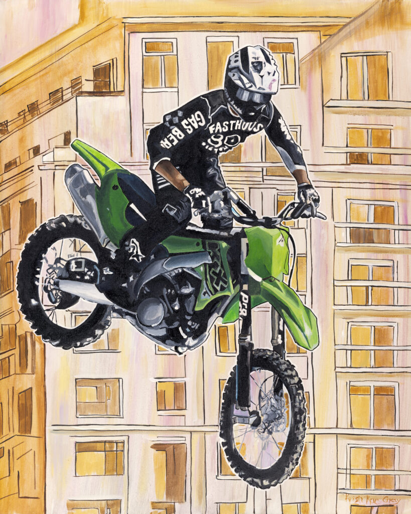 Jackalope Jump, acrylic painting by Kristi Gray of a motocross rider mid-air at the Jackalope Festival in Virginia Beach