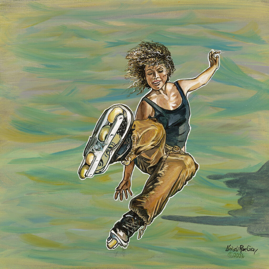 Joy, acrylic painting by Kristi Gray of an in-line skater pushing past the limit