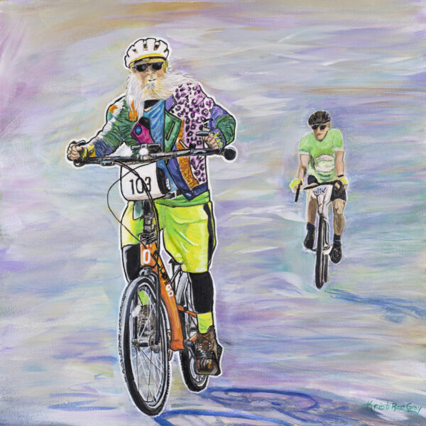 Light Up the World, acrylic painting by Kristi Gray of a rider on a seatless bicycle