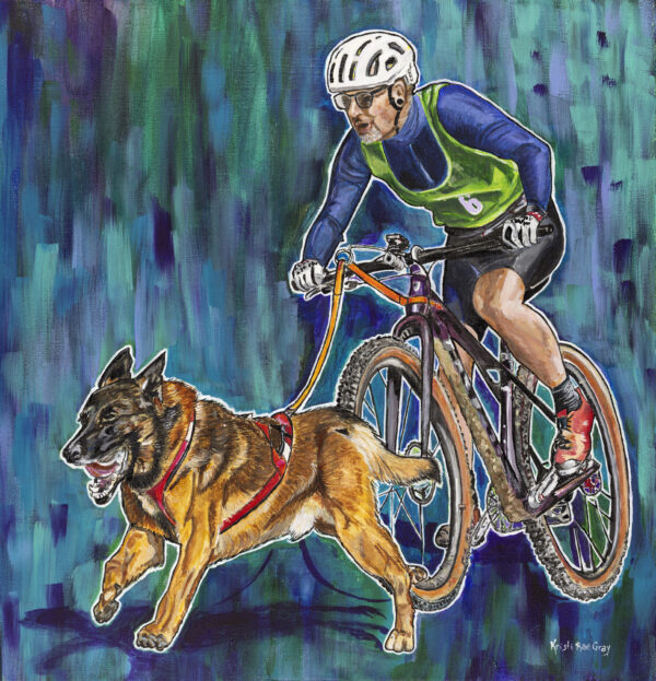 Never Alone, acrylic painting by Kristi Gray of a bikejoring rider pulled by a happy dog
