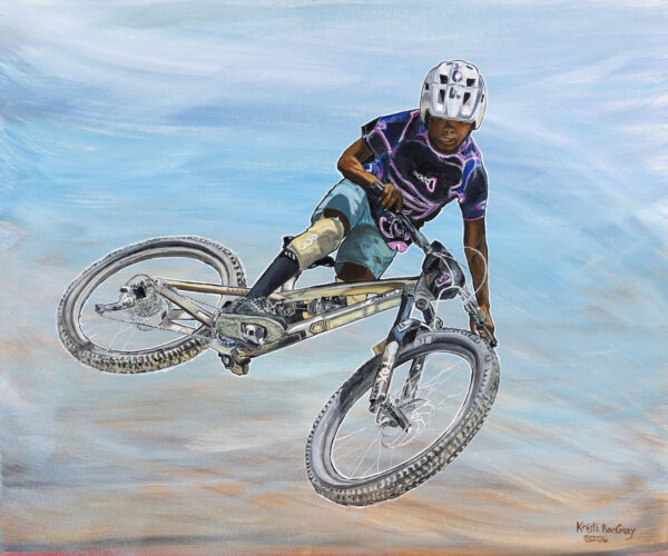 Send It, acrylic painting by Kristi Gray of a mountain biker catching air on the trail