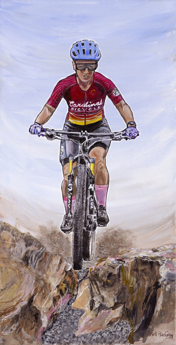 Take Flight, acrylic painting by Kristi Gray of a female mountain biker riding off the rocks at Elmwood Park in Roanoke, Virginia