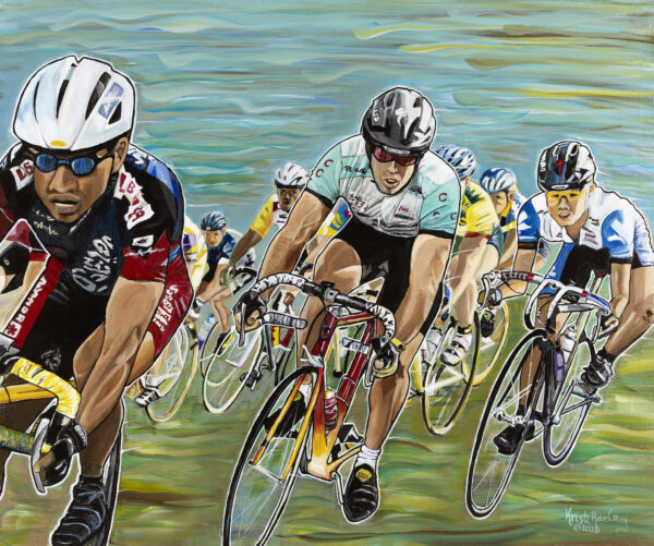 The Good Race, acrylic painting by Kristi Gray of a pack of road cyclists racing a 1991 criterium