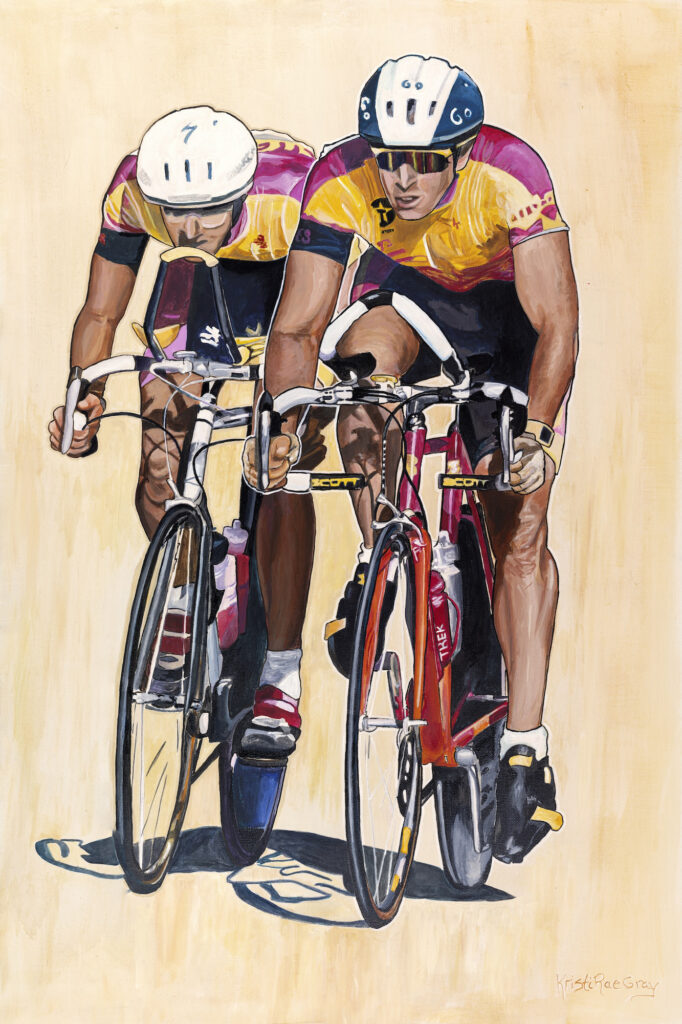 Time on Trial, acrylic painting by Kristi Gray of a cycling team riding a time trial circa 1989